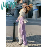 Lunivop Women’s American Hiphop Purple Splicing Jeans Summer New Chic Trousers Female Loose High
